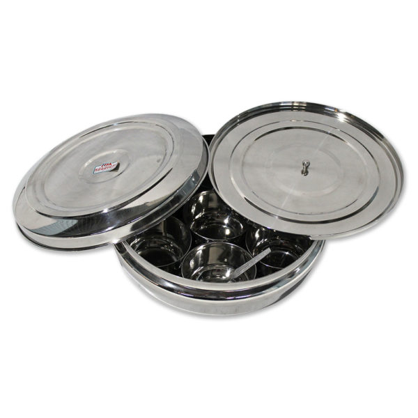 Stainless Steel Indian Herb Spice Tin Box Masala Dabba WITH double LID & 7 POTS-2033